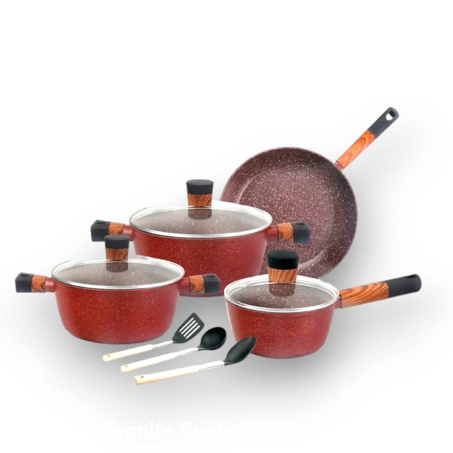 <p data-mce-fragment="1">This 10-piece cookware set, featuring a durable granite coating, is perfect for all your cooking needs. Experience superior heat conduction and distribution for even cooking, and its non-stick surface makes for easy cleaning. Upgrade your kitchen with this versatile and stylish set.</p>